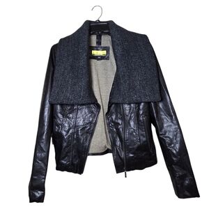 Ashley B Bernardo Black leather Jacket Gray shawl wool knit collar Siz Small